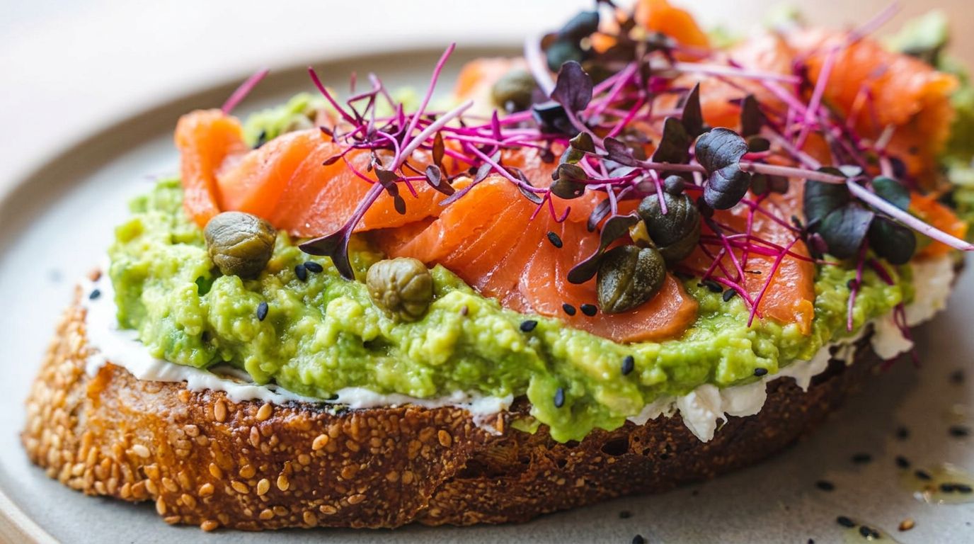 Toast s avokádem, lososem a microgreens
